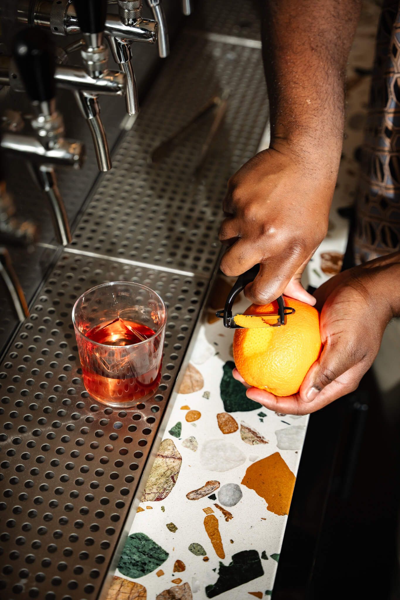 A freshly poured Negroni straight from the tap.