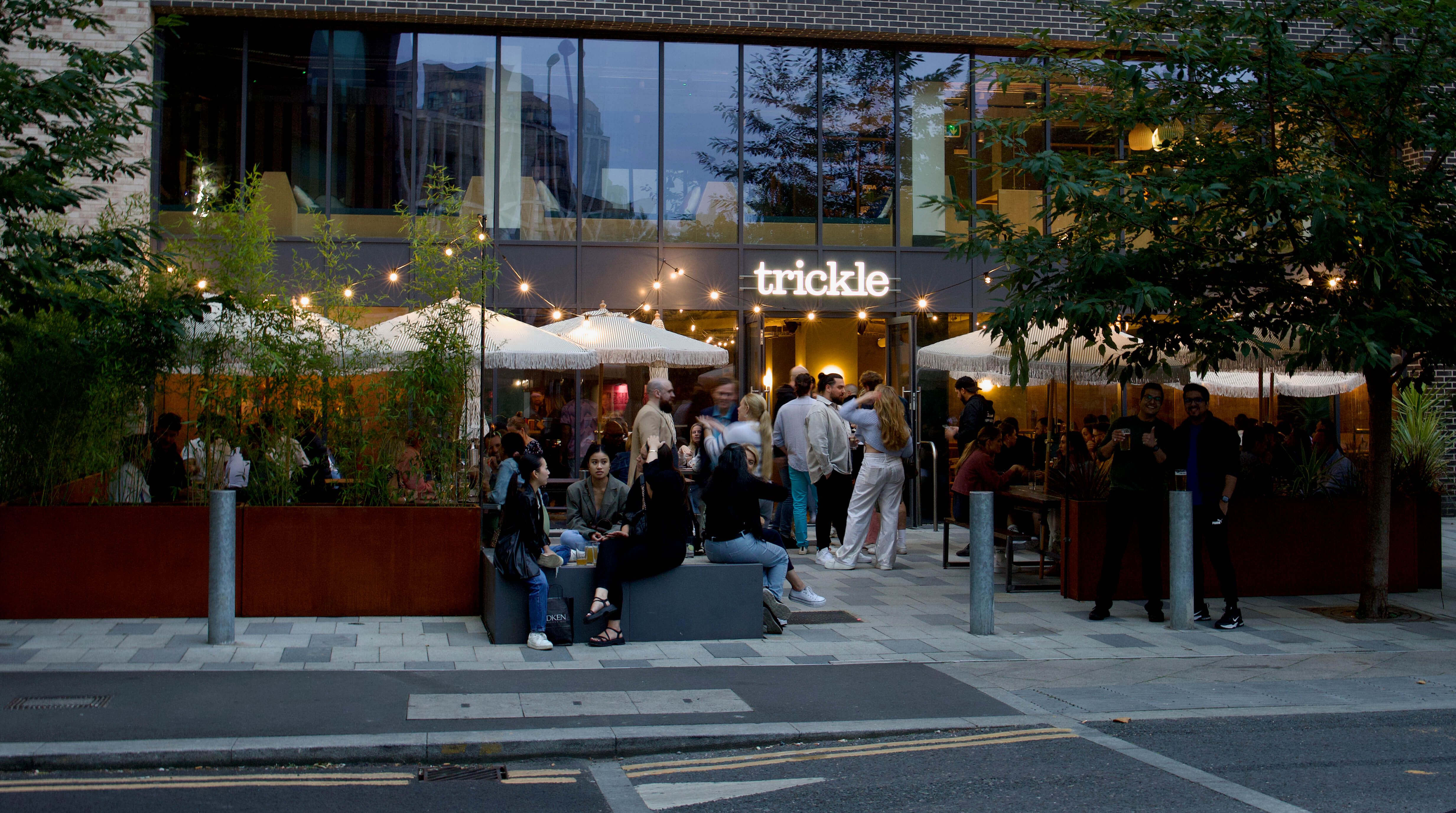 Trickle's outside area at dusk